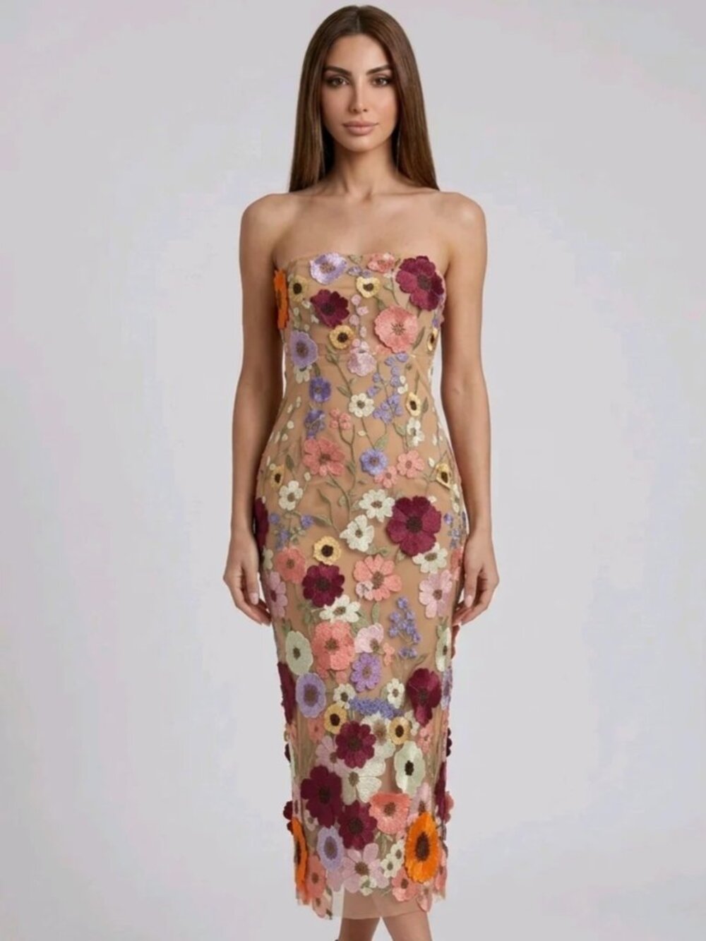 New 3D Floral Embroidered Strapless Midi Dress – Multicolor Floral